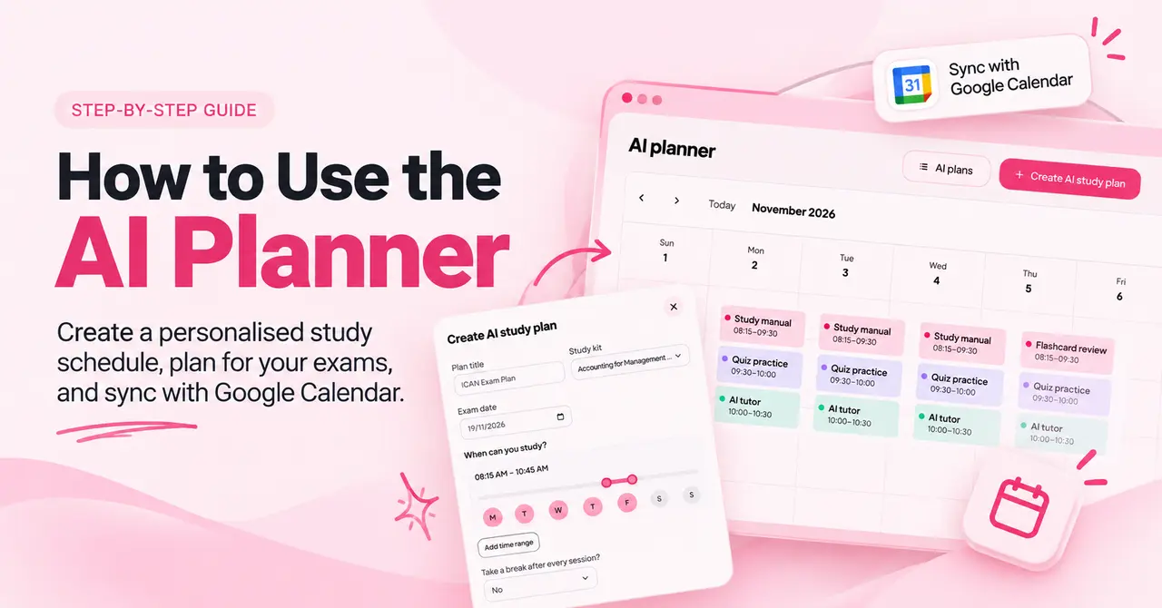 Edad AI Planner dashboard showing a personalised study schedule, exam planning form, and Google Calendar integration on a pink and white background.