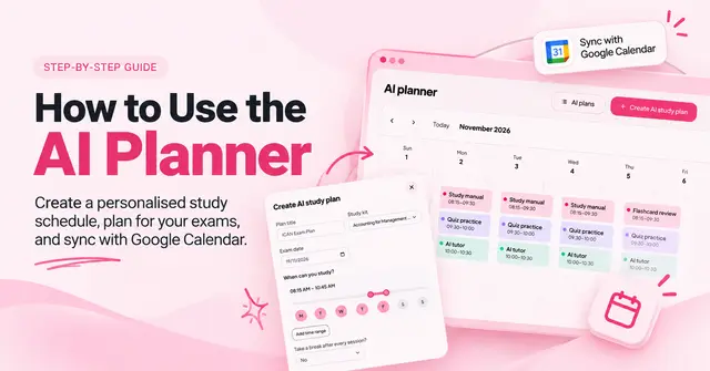 Edad AI Planner dashboard showing a personalised study schedule, exam planning form, and Google Calendar integration on a pink and white background.